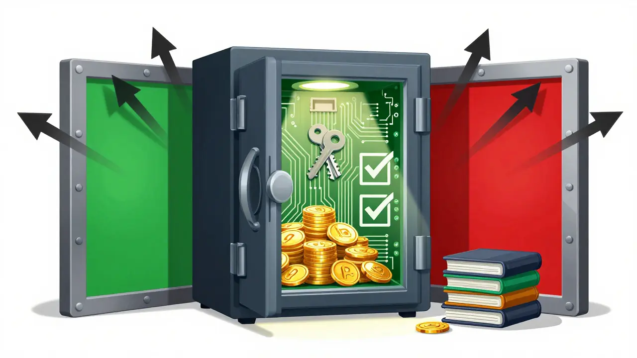 Illustrated digital vault stopping attack arrows to protect coins