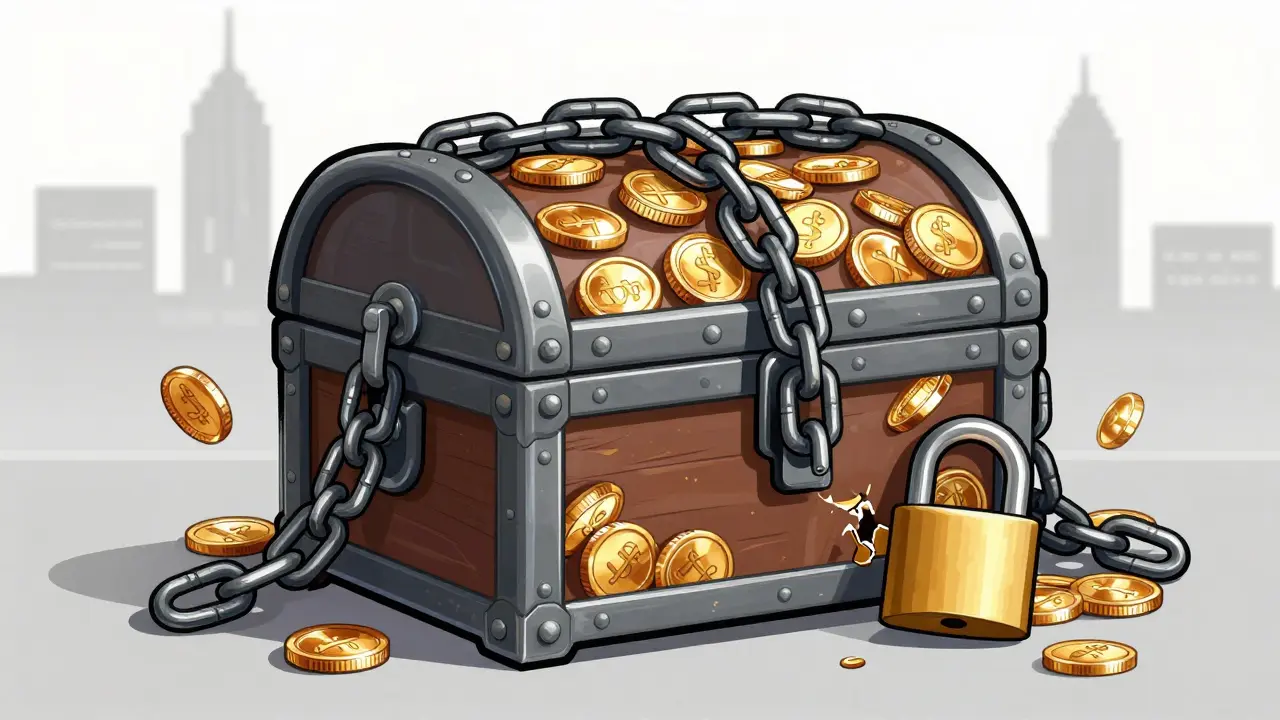 Locked metal vault containing gold coins with heavy chains sealing the door