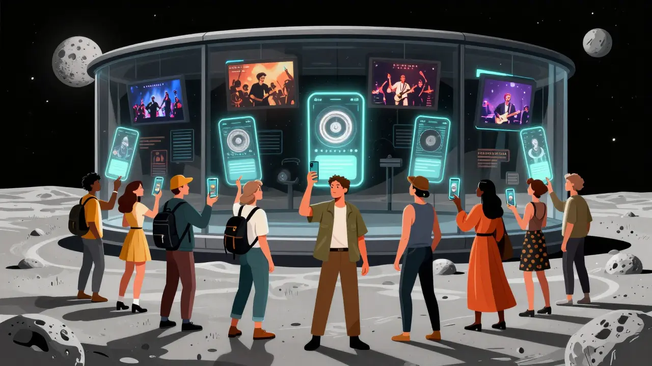 People interact with holographic music exhibits from a lunar museum, using Lunarbits tokens to access content.