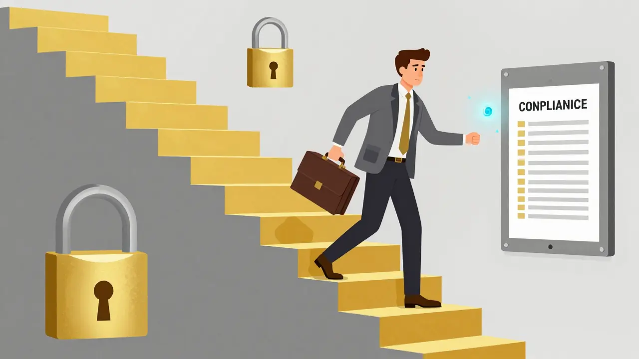 Person climbing stairs of capital and compliance checks