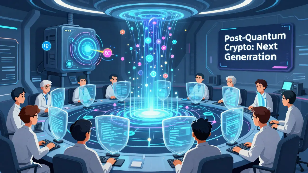 Scientists monitoring a blockchain network with zero-knowledge shields, while a quantum computer threatens cryptographic symbols in the background.