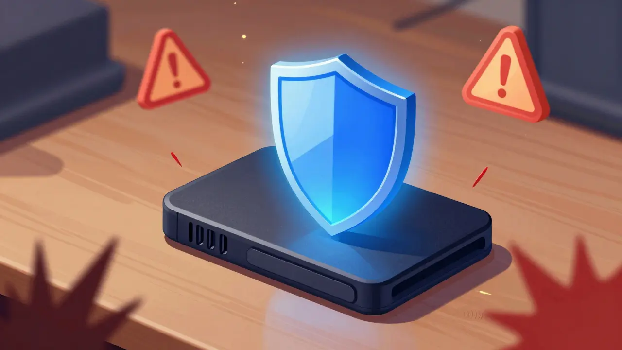 Secure hardware wallet device protecting a glowing digital asset icon