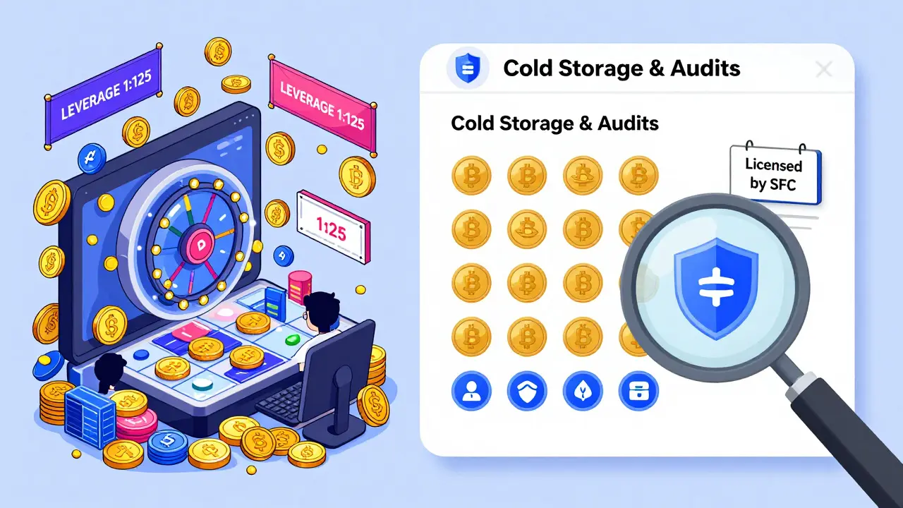 Split scene: chaotic high-leverage crypto platform vs. clean, compliant HashKey Exchange with licensed security icons.