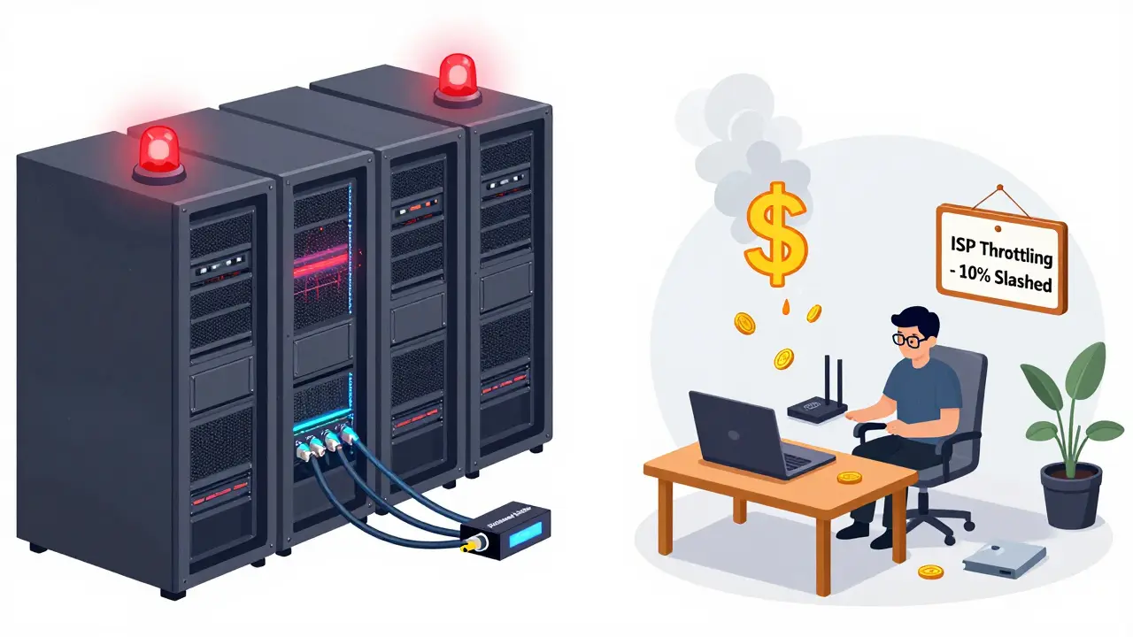 Split scene: professional data center vs. home setup with warning signs and melting money.