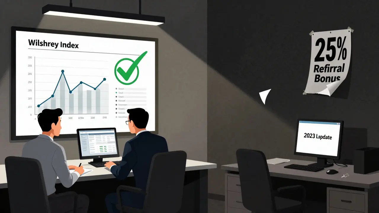 Split scene: Wall Street institutions trust a live index, while CrossTower's office sits abandoned with outdated screens.
