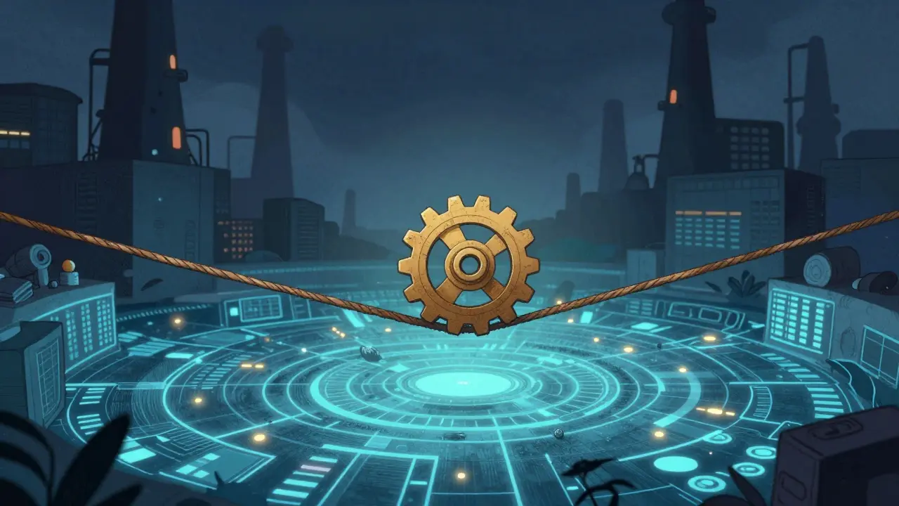 Tiny gear balanced on a tightrope near massive structures.