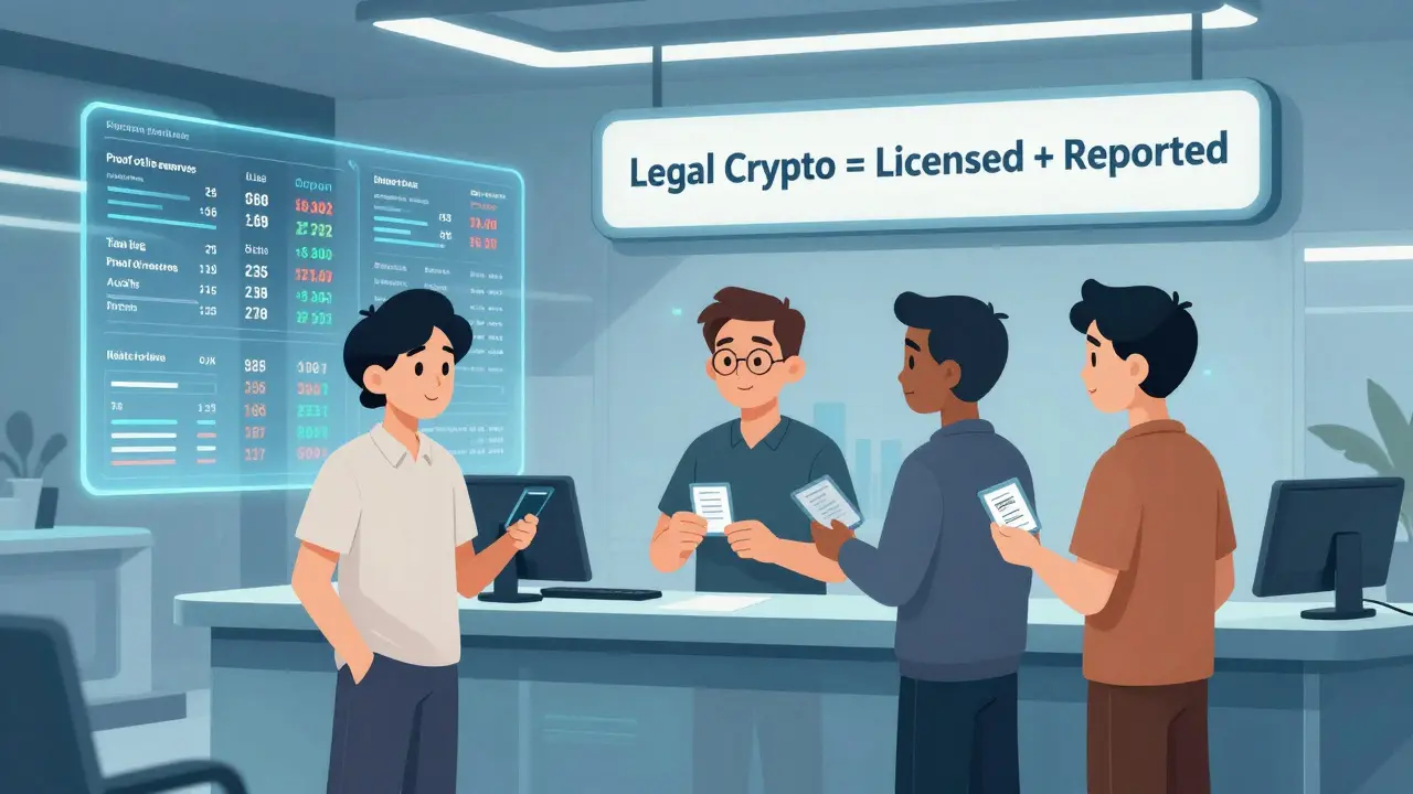 Traders receiving official approval at a regulatory hub displaying proof-of-reserves and tax compliance under OJK oversight.