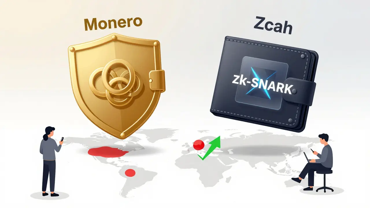 Two privacy wallets — Monero with rings and Zcash with a holographic proof — against a global regulatory map.