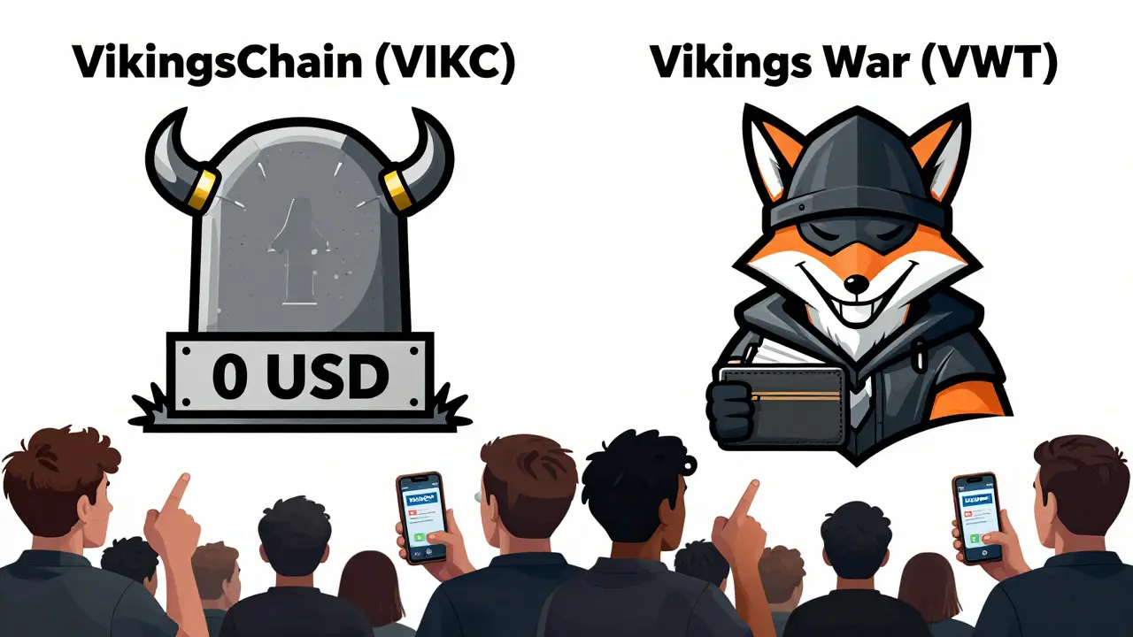 Two similar Viking logos: one is dead with a tombstone, the other is a scammer fox holding a wallet.
