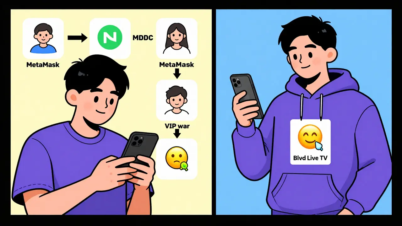 User swapping BNB for Medodo Coin on PancakeSwap and buying exclusive merch on a mobile app.