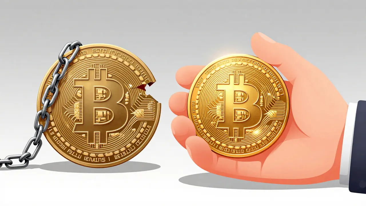 A chained Bitcoin symbol contrasted with a glowing, state-controlled digital yuan coin.
