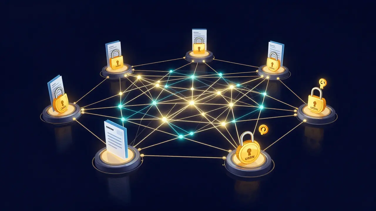 A complex web of interconnected nodes and digital documents powered by golden tokens.