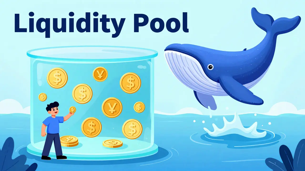 A conceptual liquidity pool with a small trader and a large whale representing price slippage.