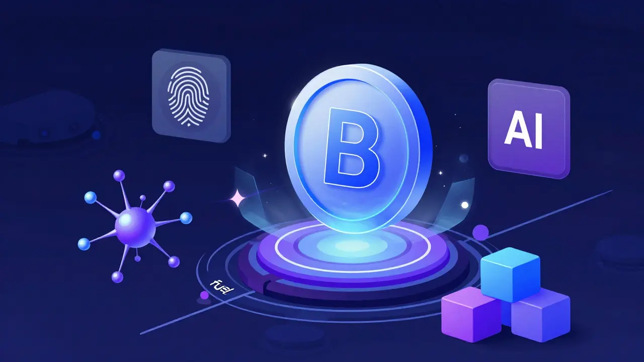 A digital token surrounded by biometric, AI, and blockchain symbols in a high-tech style.