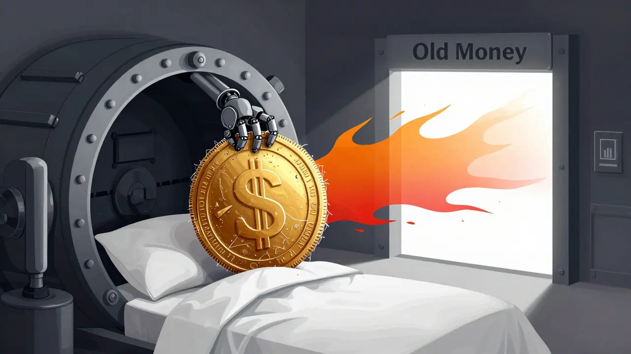 A dusty, ancient digital coin being moved from a vault, symbolizing old UTXOs entering the market.