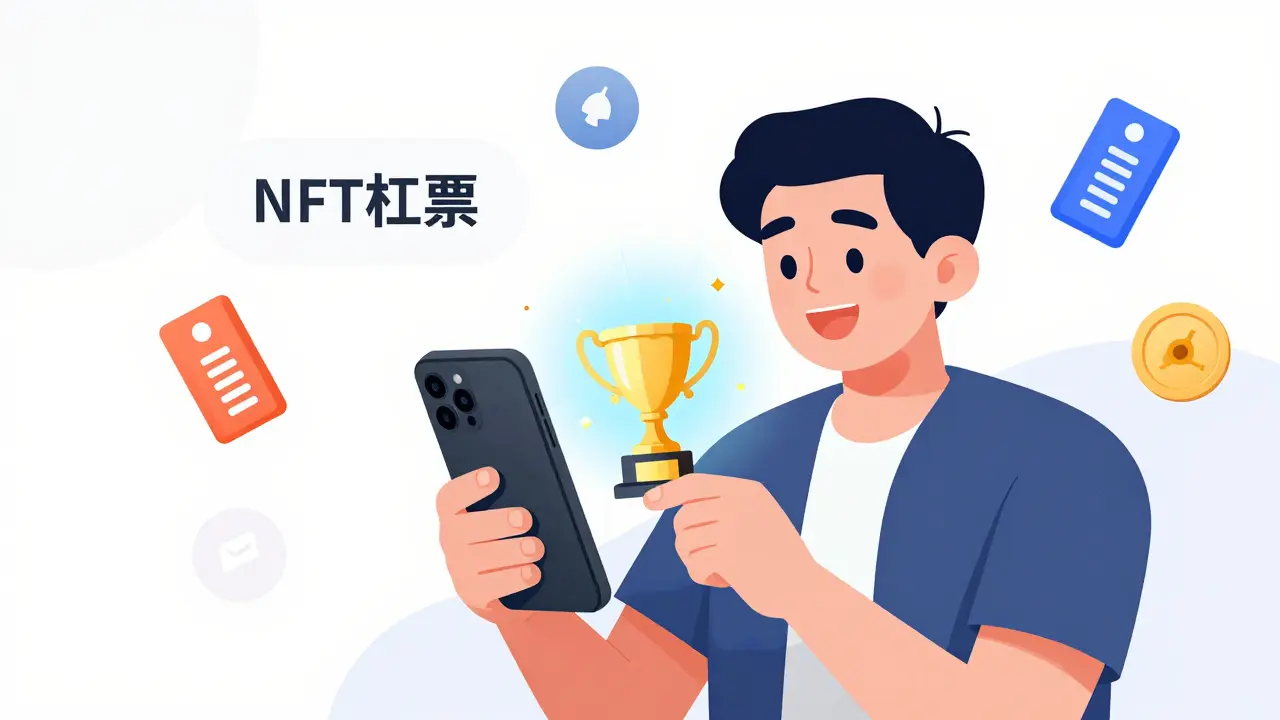 A fan viewing their NFT ticket transformed into a digital collectible trophy on a smartphone.