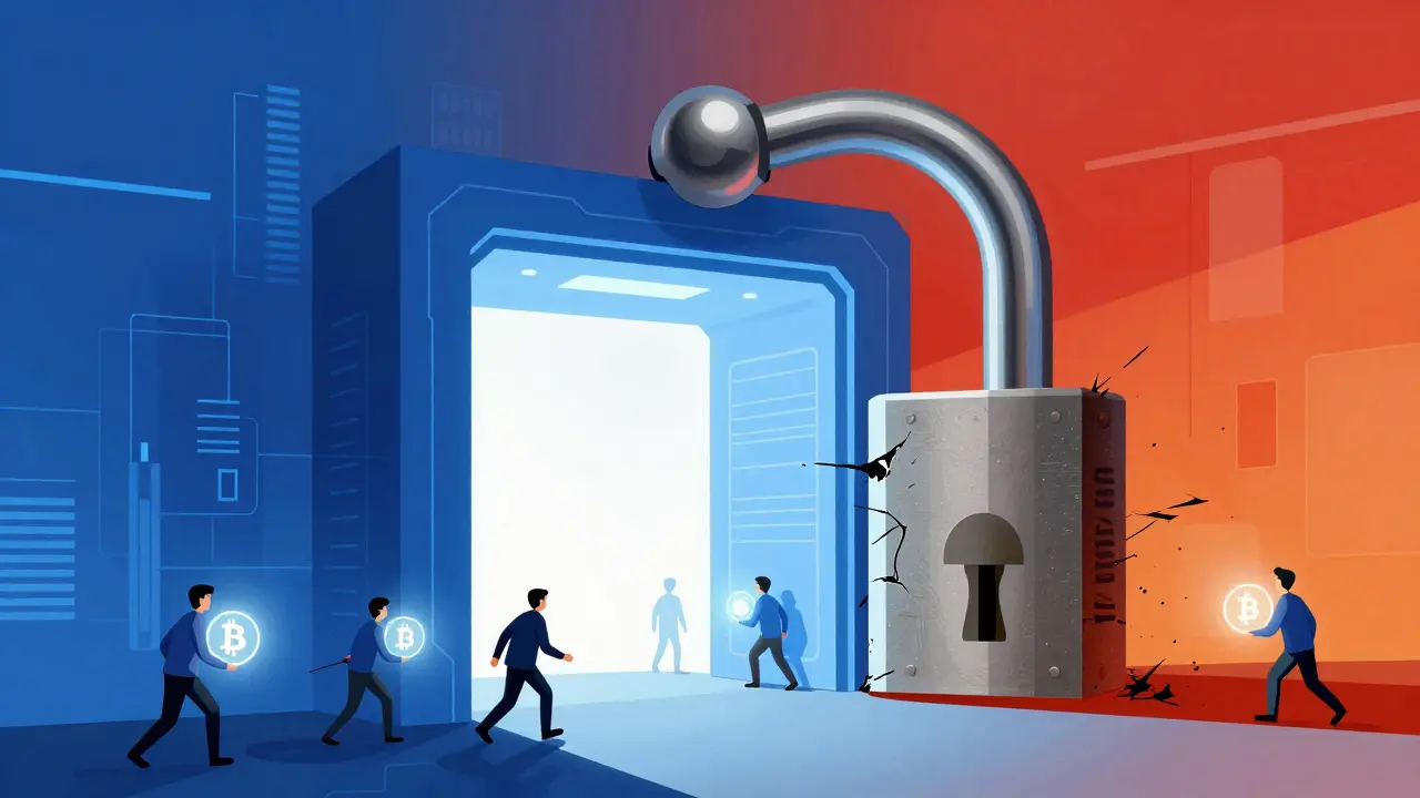 A giant metallic lock shutting down a digital gateway with people sneaking around it.