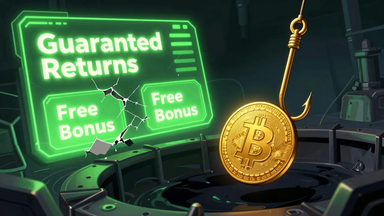 A golden Bitcoin acting as bait on a digital hook above a dark mechanical trap.