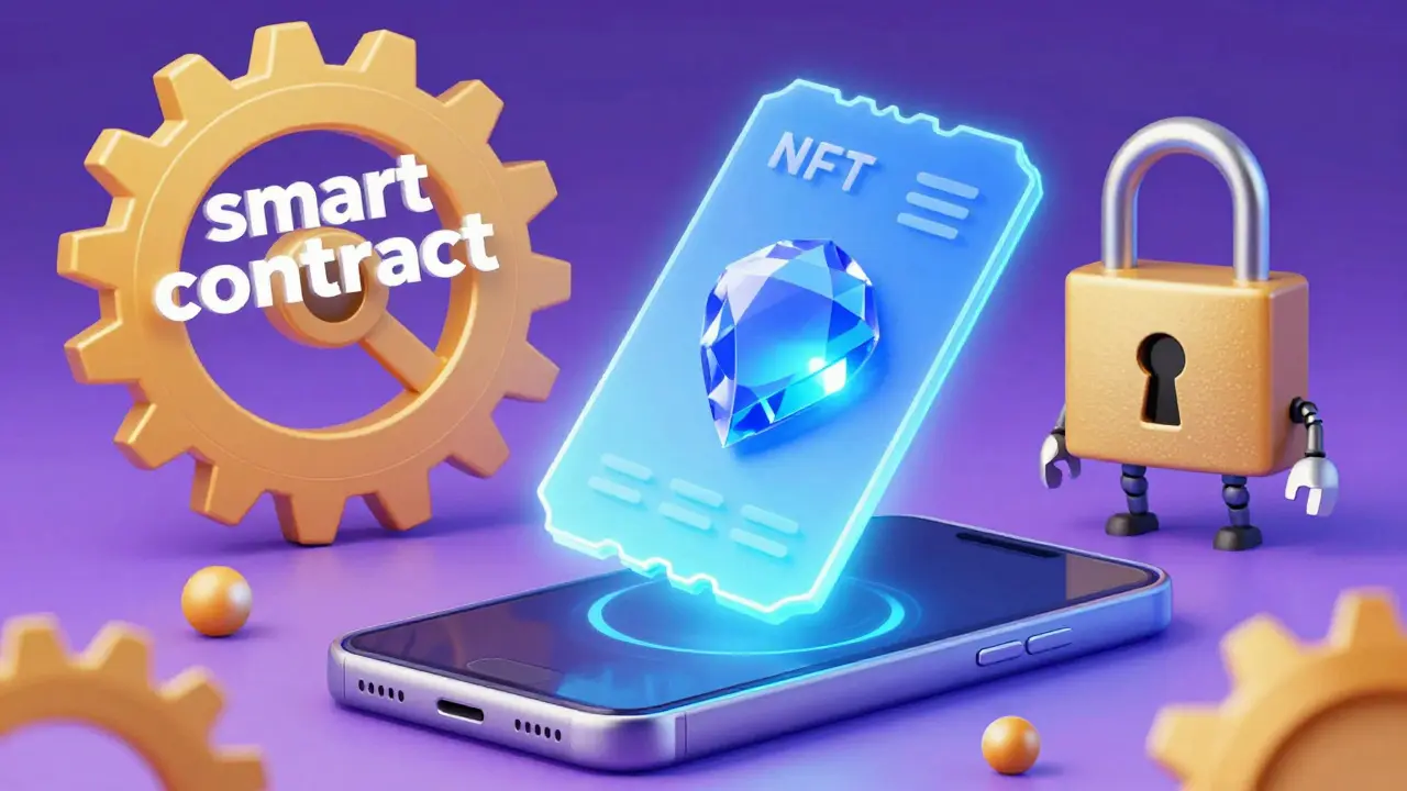 A holographic NFT ticket secured by a blockchain link and a gold smart contract lock.
