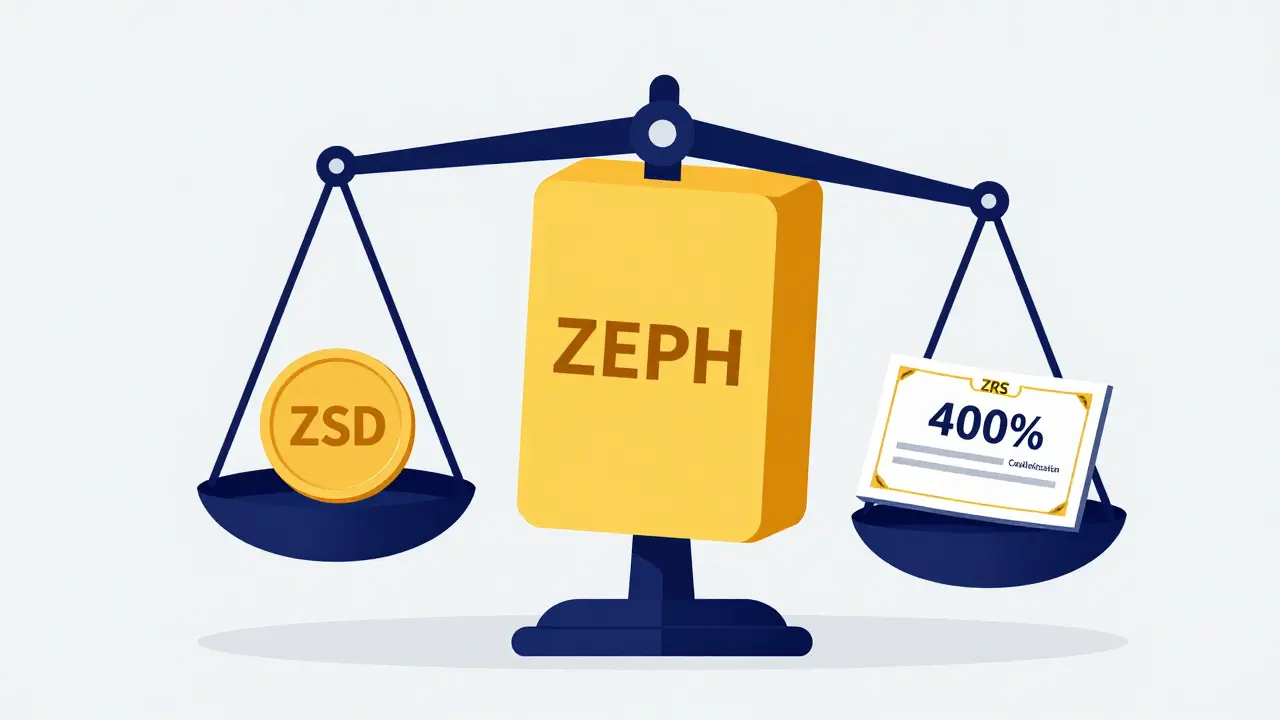 A mechanical scale balancing a large ZEPH collateral block against ZSD and ZRS tokens