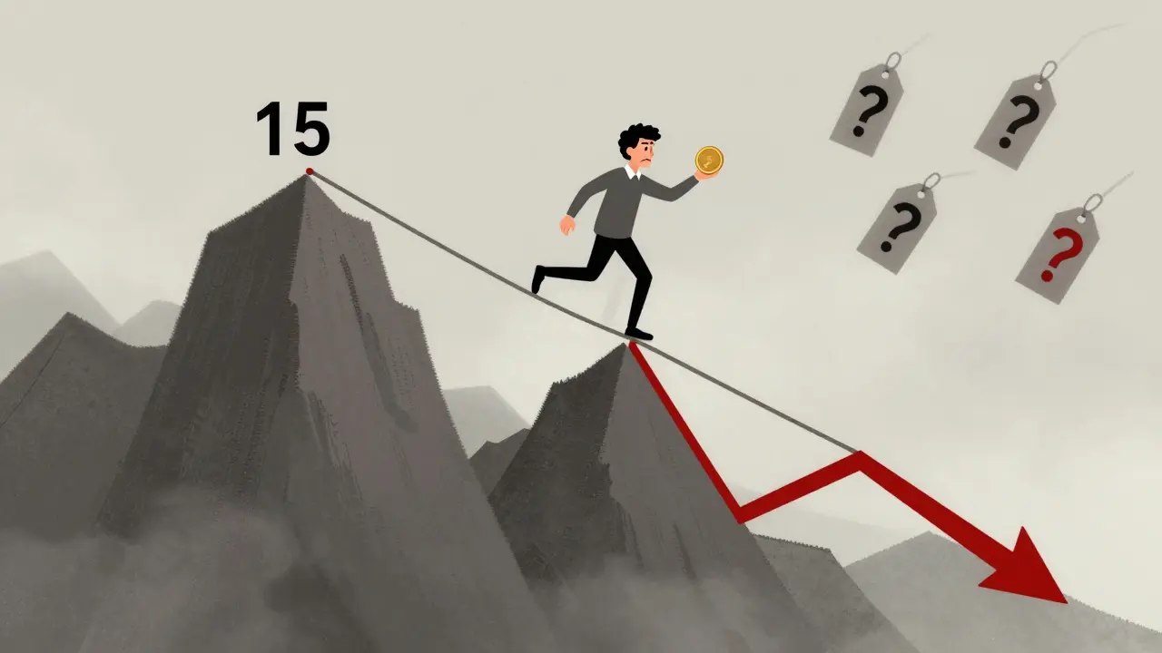 A person balancing on a volatile, jagged price chart symbolizing high investment risk.