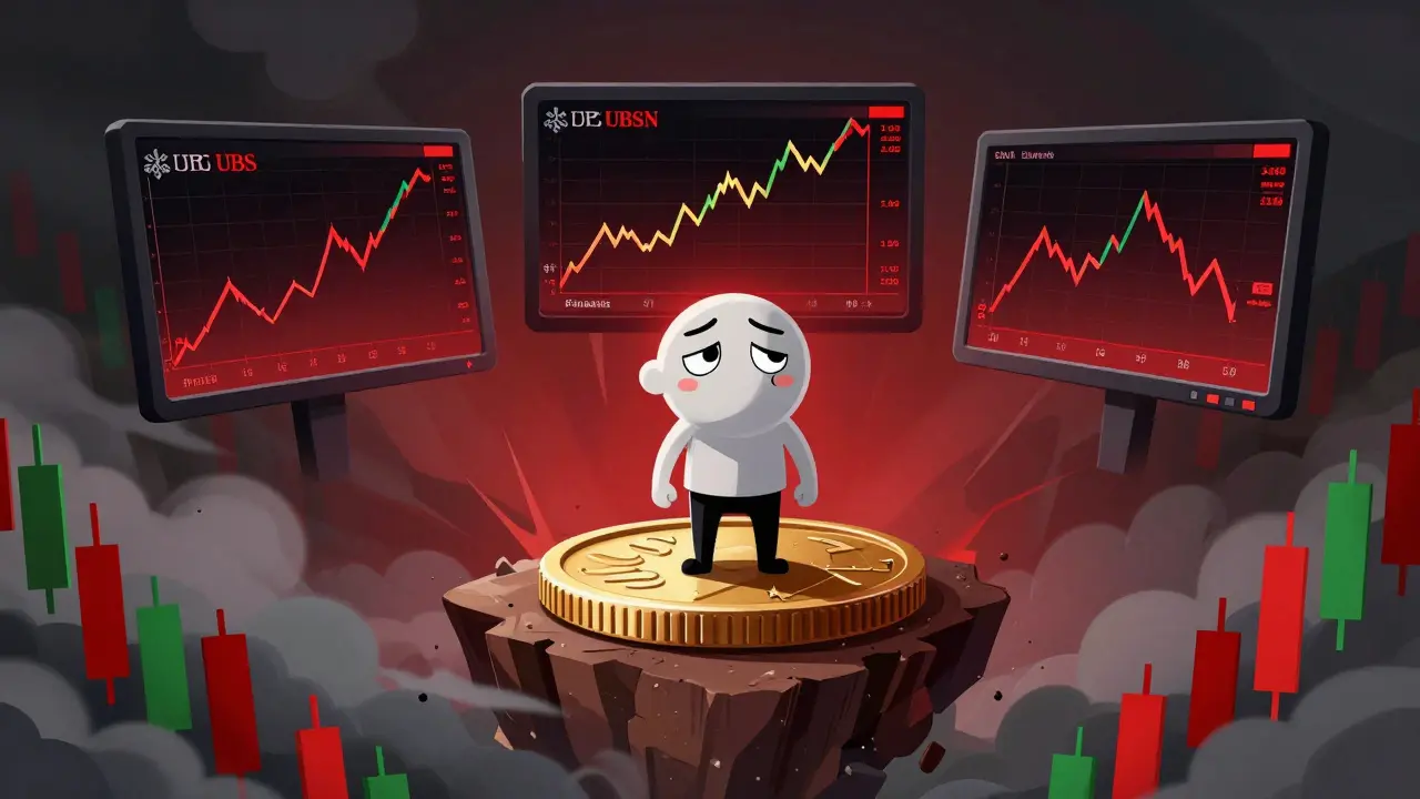 A person confused by conflicting price charts on screens amidst a volatile crypto market.