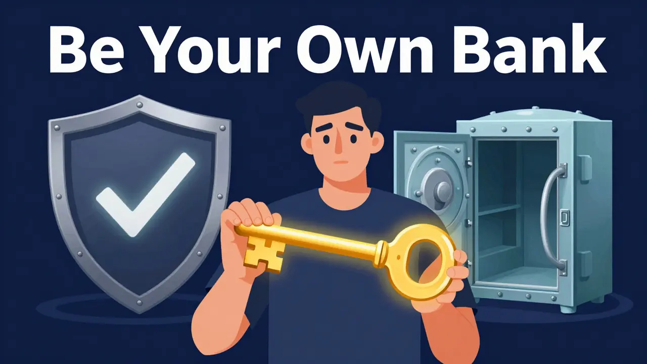A person holding a golden key next to a security shield and an open digital vault.