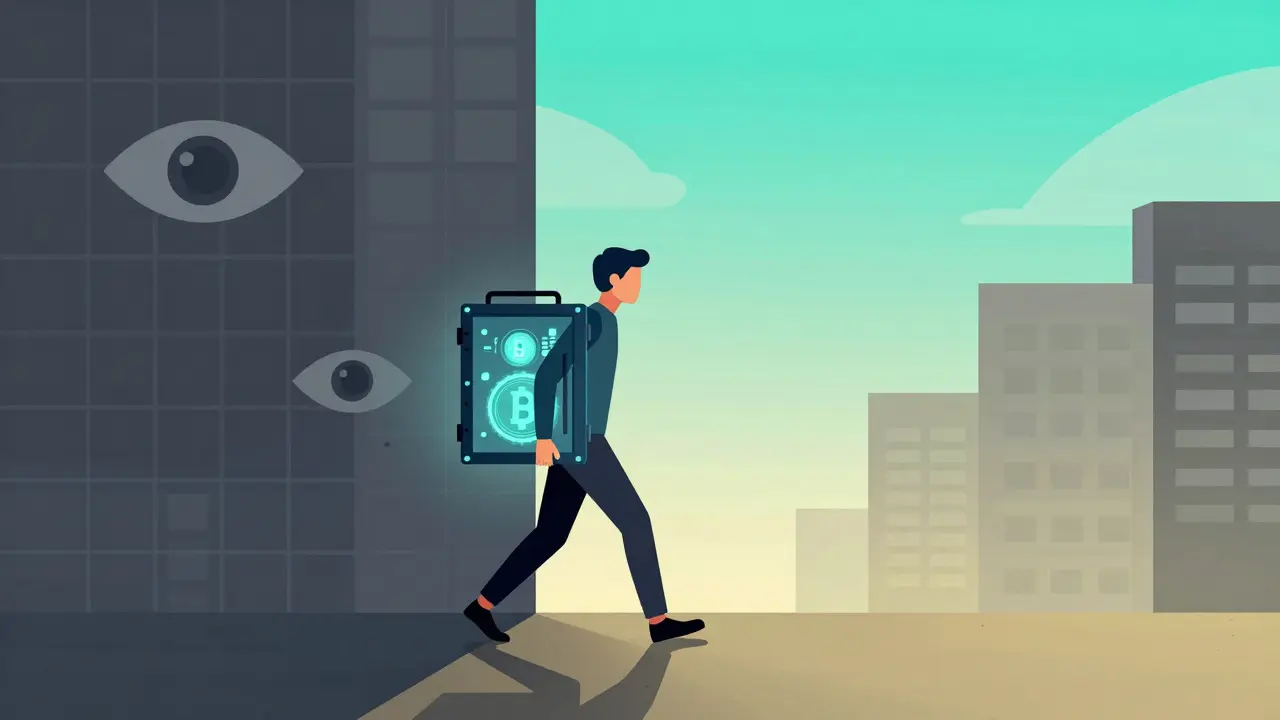 A person walking from a grey surveillance city toward a bright digital horizon with a secure vault