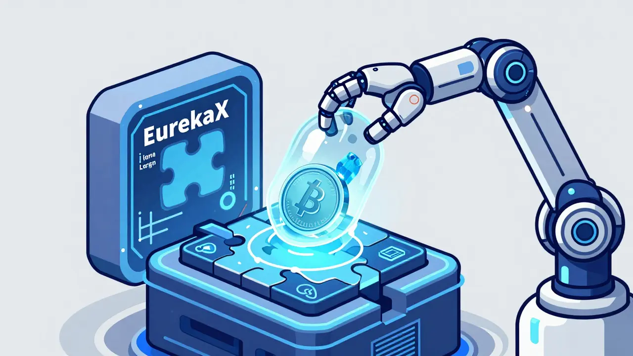 A robotic arm placing a digital coin into a futuristic capsule for token wrapping.