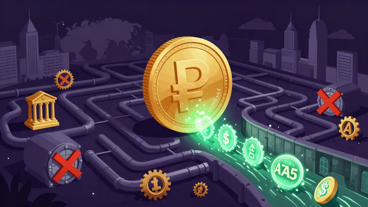 A ruble coin transforming into a digital token within a secret network of pipes
