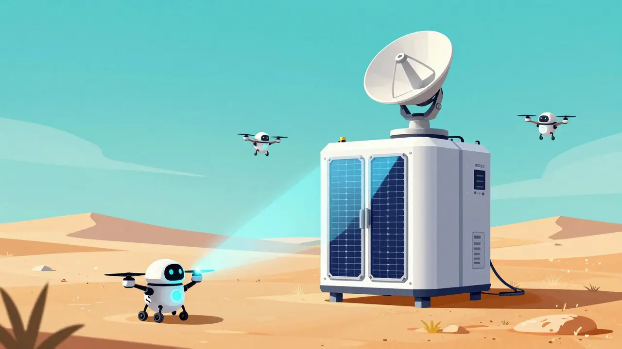 A solar-powered blockchain server in a desert with a satellite dish and AI drones.
