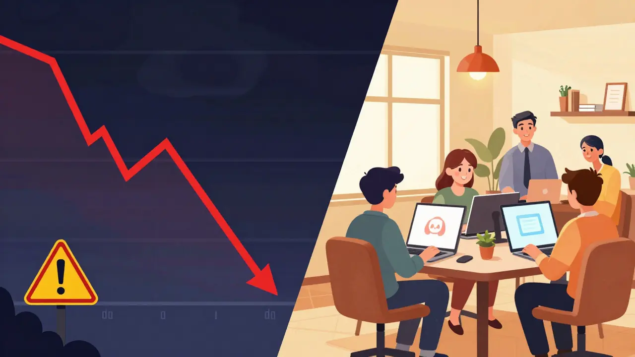 A split scene showing a crashing financial chart versus a vibrant community of anime artists.