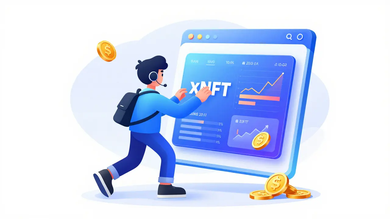 A stylized digital character interacting with a holographic trading app window