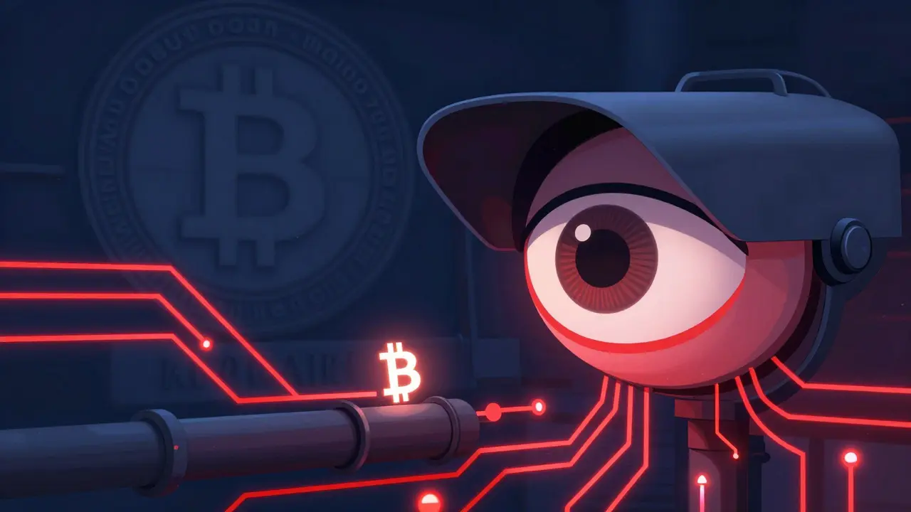 A stylized surveillance eye monitoring a digital Bitcoin through a circuit network.