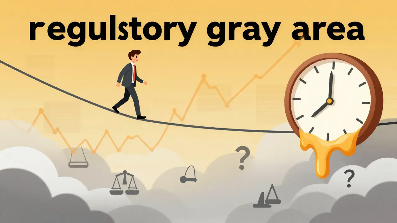 A trader balancing on a volatile digital chart line over a misty area of uncertainty.