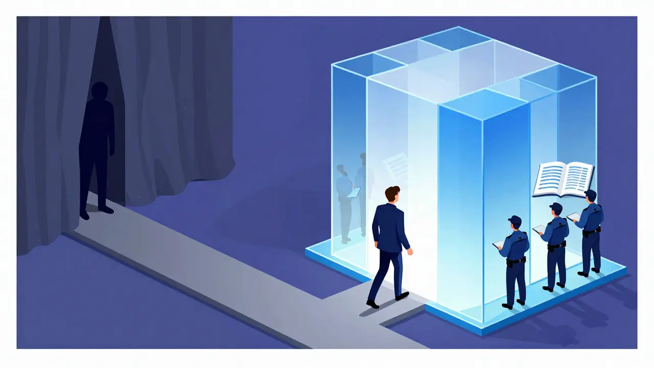 A trader choosing between a shadowy anonymous figure and a transparent glass fortress.