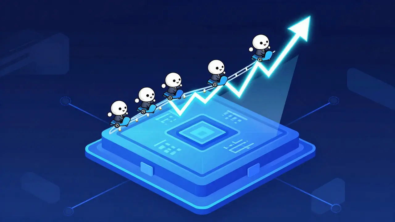 Anime characters riding a volatile neon price chart on a floating blue digital base.