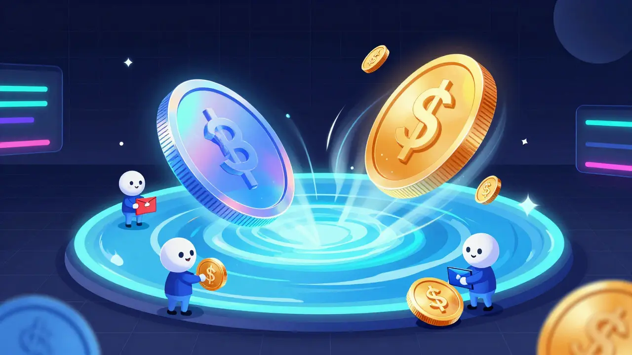 Cartoon depiction of a holographic liquidity pool with tokens being added by users.