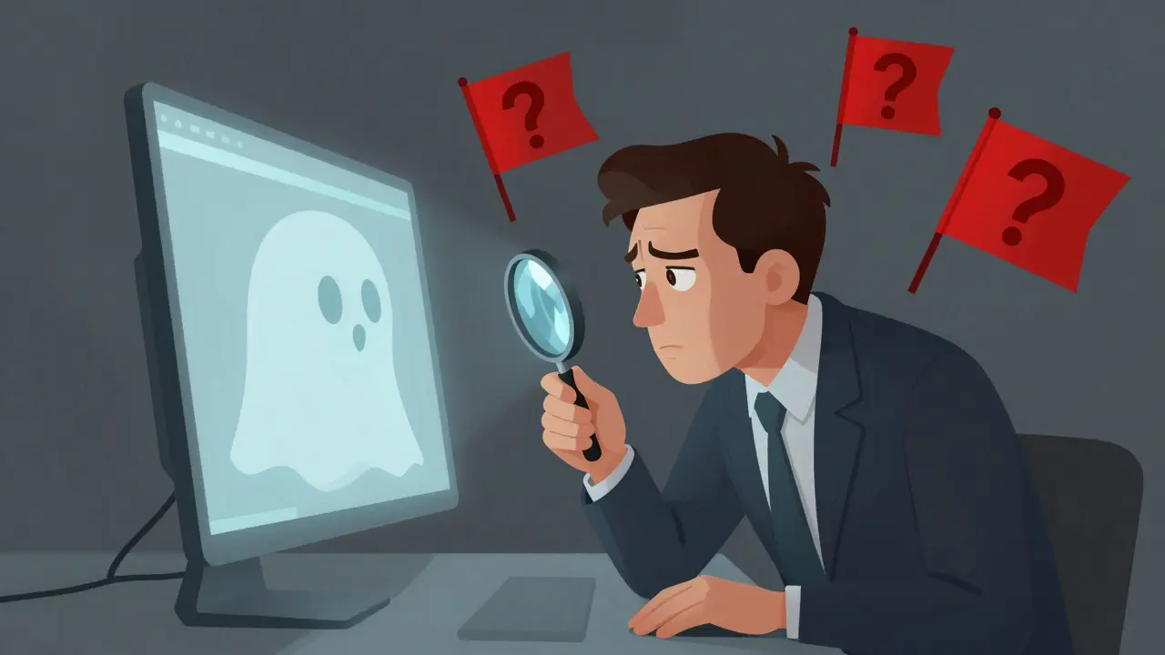 Cartoon of a skeptical investor using a magnifying glass to find information on a ghostly screen.