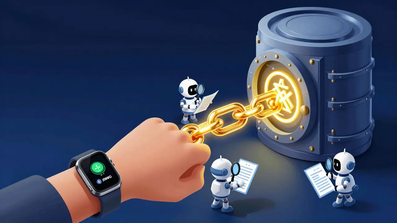 Cartoon showing a fitness tracker connected to a blockchain network with small robot validators.