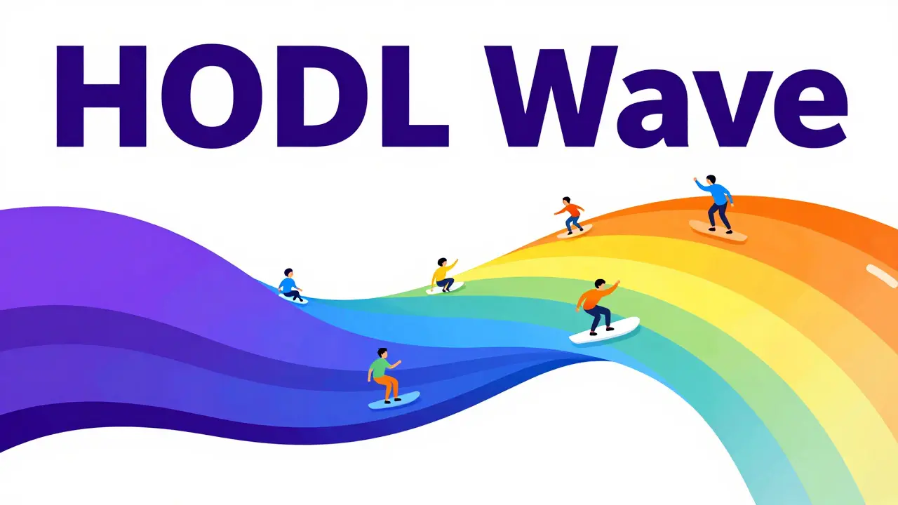 Colorful rainbow wave with characters representing long-term and short-term Bitcoin holders.