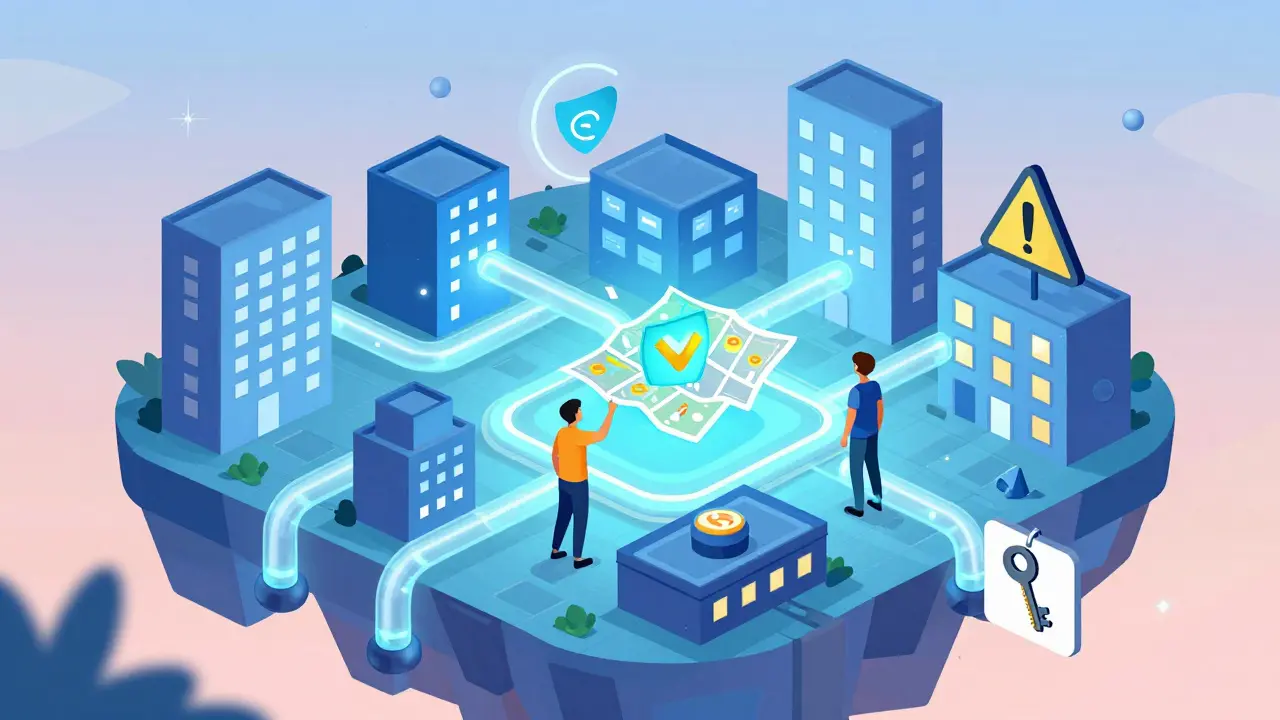 Conceptual digital city representing various decentralized finance services connected by data streams.