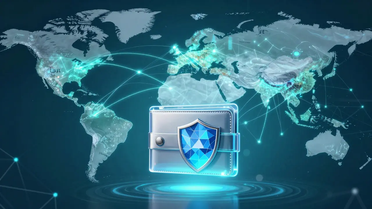 Digital map showing cross-border currency connections with secure wallet.