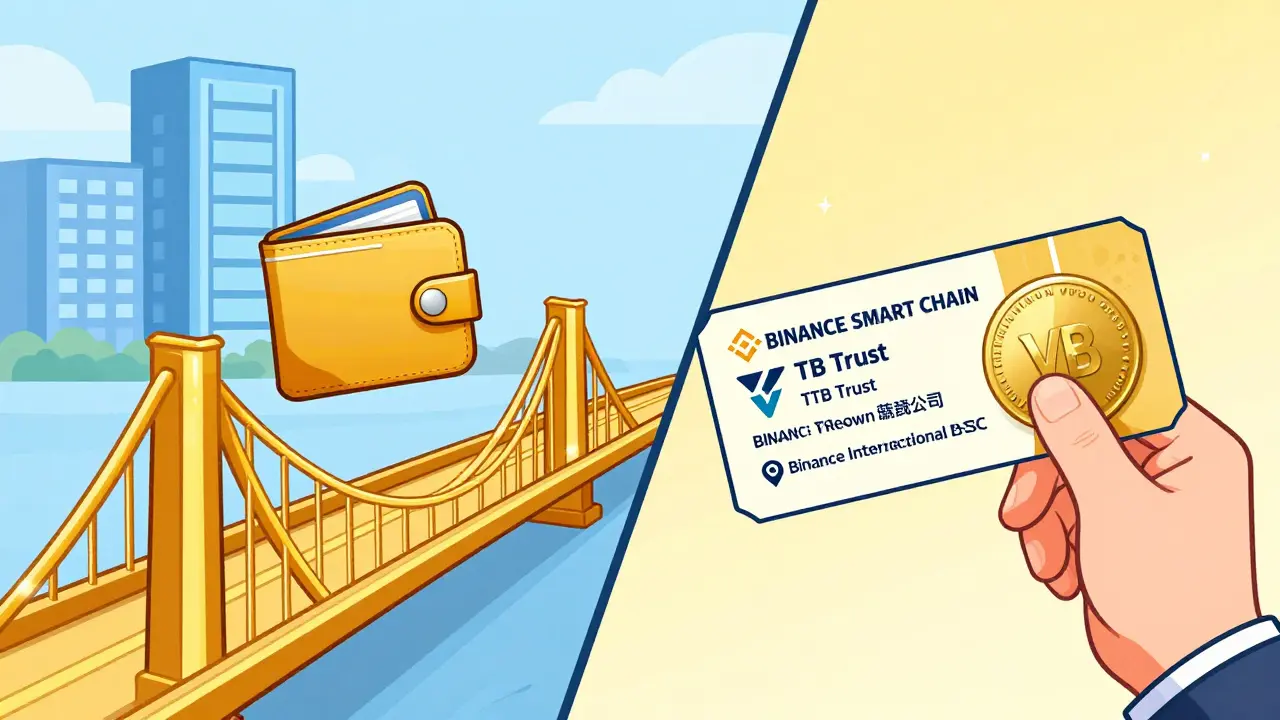 Digital token transforming into a corporate reward coupon via a golden blockchain bridge.