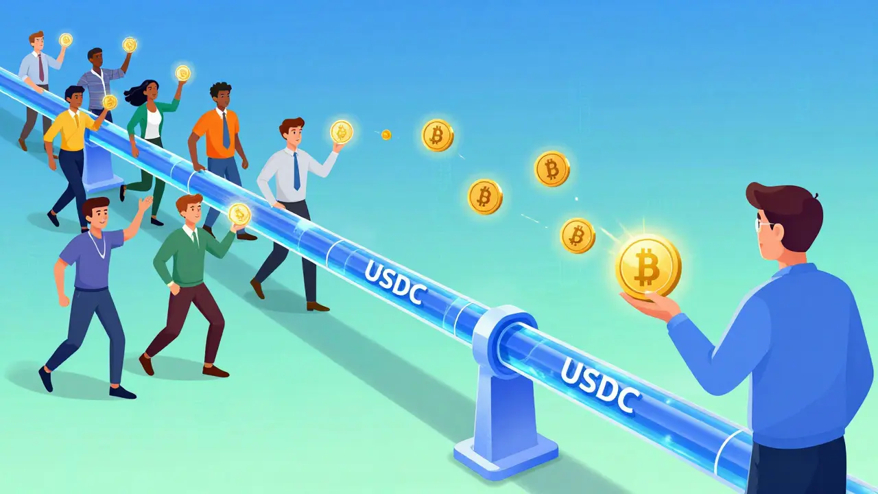 Global fans sending digital tokens to a creator through a high-speed blockchain pipeline.