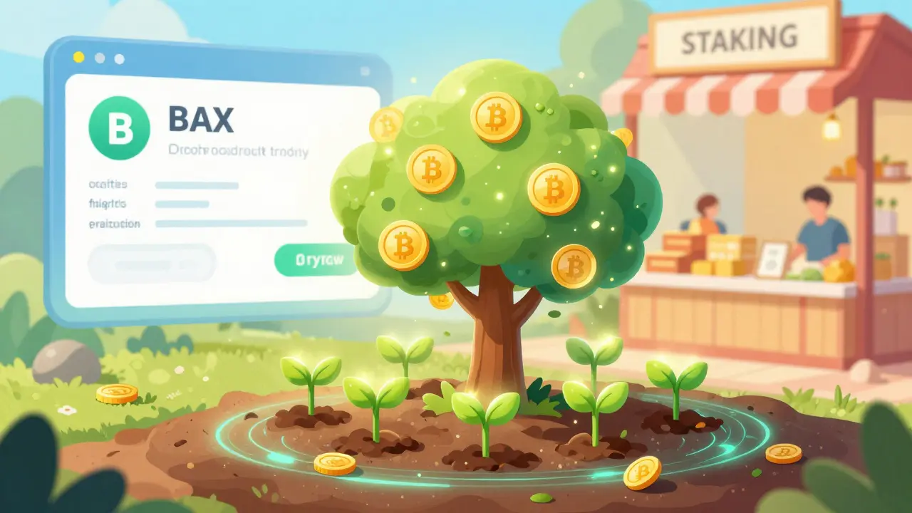 Glowing digital tokens growing like plants in a holographic garden to represent staking rewards.