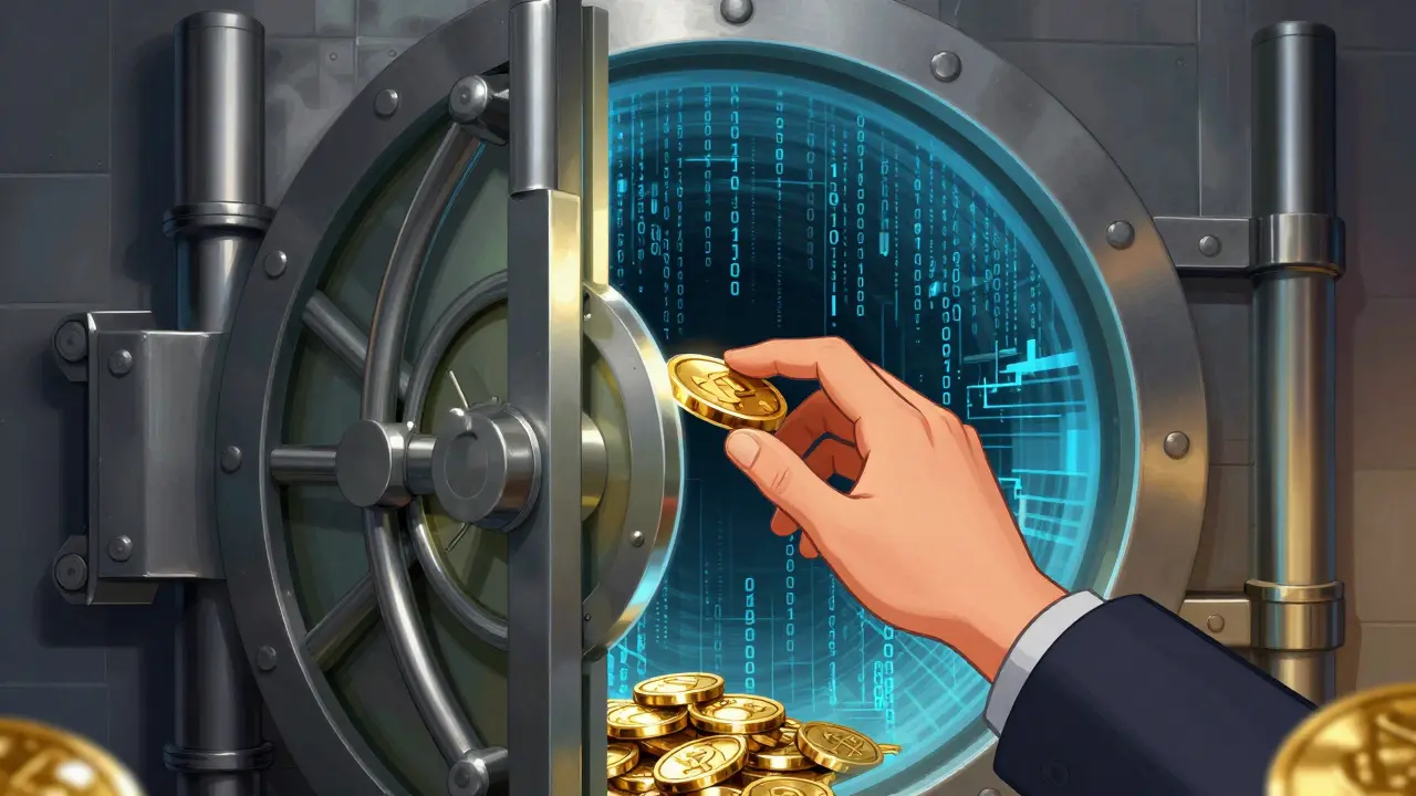Illustration of a heavy bank vault opening to reveal a glitchy digital void.