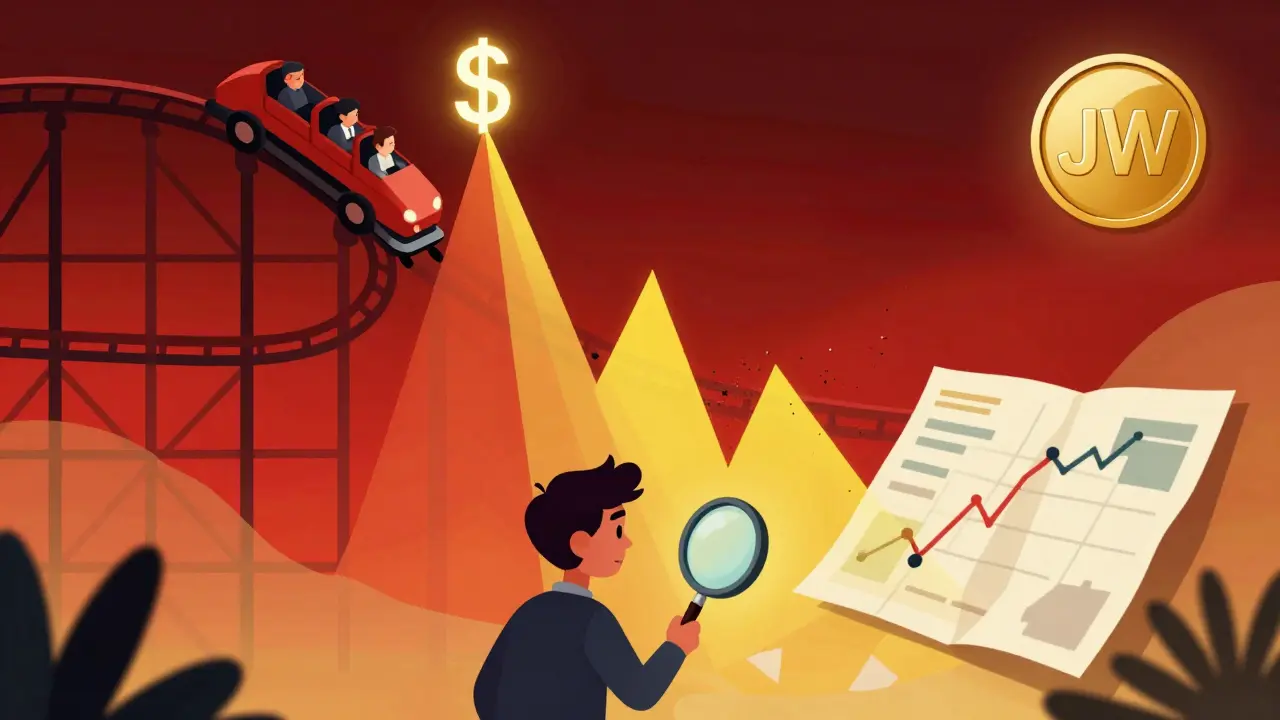 Illustration of a rollercoaster shaped like a crashing price chart with a cautious investor.