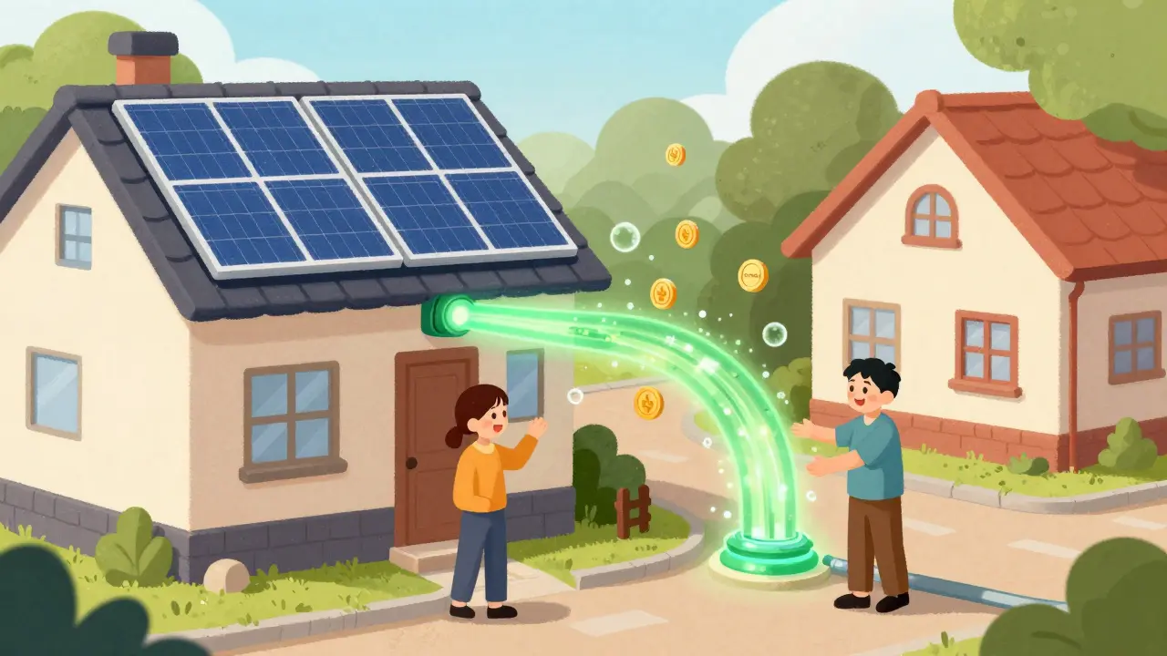 Neighbors exchanging green energy via a digital connection between solar-powered homes.