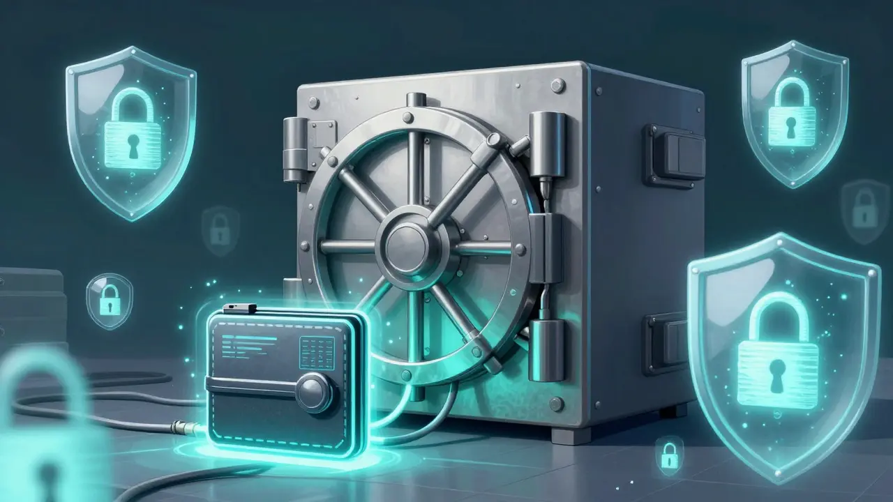 Secure digital vault and encrypted shields representing crypto wallet security